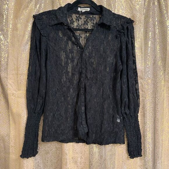 Amber Skies Black Lace Witchy Goth Button Up Sheer Long Sleeve Top Small - Picture 1 of 8